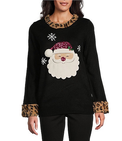 Lisa International Faux Fur Trim Crew Neck Santa Christmas Sweater