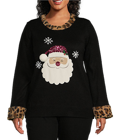 Lisa International Plus Size Faux Fur Trim Crew Neck Santa Christmas Sweater