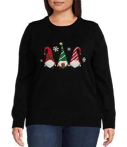 Lisa International Plus Size Knit Sequin Embroidered Christmas Applique Detail Crew Neck Long Sleeve Sweater