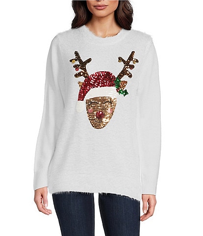 Lisa International Sequined Reindeer Crew Neck Christmas Furry Sweater