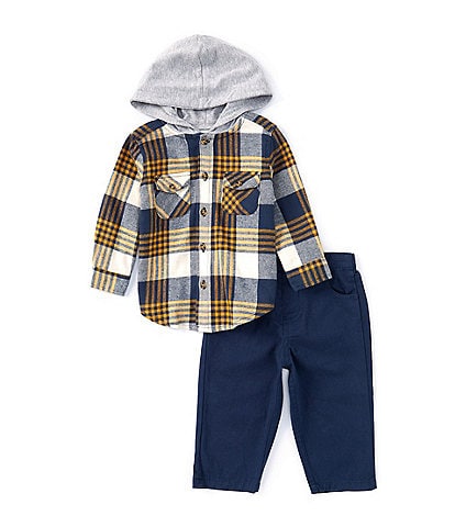 Little Me Baby Boys 12-24 Months Long-Sleeve Plaid Hooded Shirt & Solid Woven Pant Set