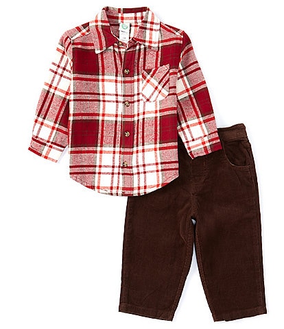 Little Me Baby Boys 12-24 Months Long Sleeve Plaid Woven Top & Solid Woven Pant Set