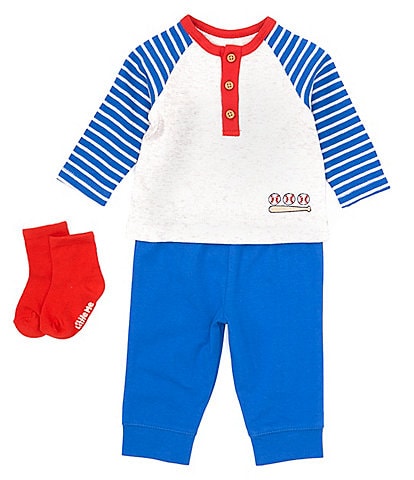 Little Me Baby Boys 3-12 Months Baseball-Themed Striped Raglan Sleeve Henley T-Shirt & Solid Jogger Pant Set