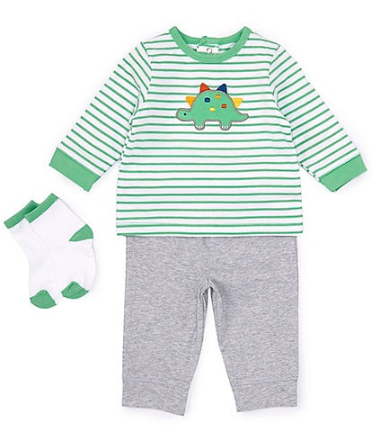 Little Me Baby Boys 3-12 Months Dinosaur Long-Sleeve Striped T-Shirt & Solid Jogger Pant Set