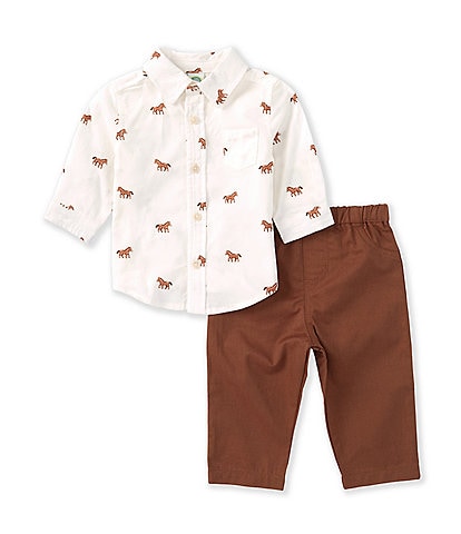 Little Me Baby Boys 3-12 Months Long-Sleeve Horses-Printed Corduroy Shirt & Solid Woven Pant Set