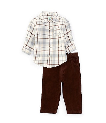 Little Me Baby Boys 3-12 Months Long Sleeve Plaid Woven Shirt & Solid Corduroy Pant Set