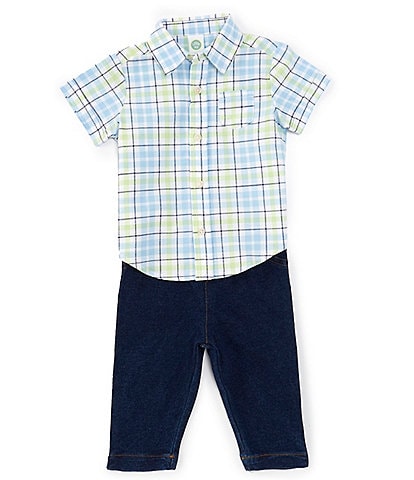 Little Me Baby Boys 3-12 Months Plaid Short Sleeve Woven Shirt & Denim Pant Set