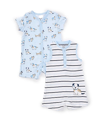 Little Me Baby Boys 3-12 Months Short-Sleeve Puppy-Printed Shortall & Sleeveless Striped Puppy-Motif Shortall Two-Pack