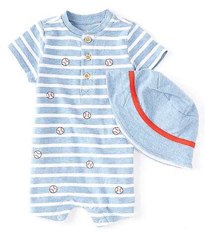 Little Me Baby Boys 3-12 Months Short Sleeve Striped Baseball Shortall and Hat Set