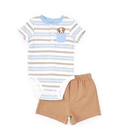 Little Me Baby Boys 3-12 Months Short-Sleeve Striped Knit Bodysuit & Solid Knit Shorts Set