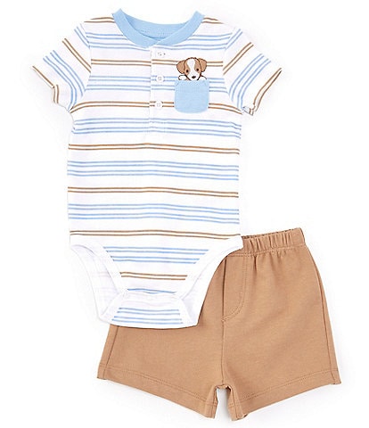 Little Me Baby Boys 3-12 Months Short Sleeve Striped Knit Bodysuit & Solid Knit Shorts Set