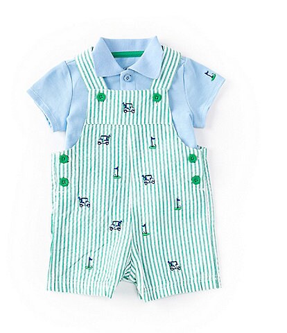 Little Me Baby Boys 3-12 Months Sleeveless Striped/Golf-Theme Shortall & Short-Sleeve Solid Polo Shirt Set