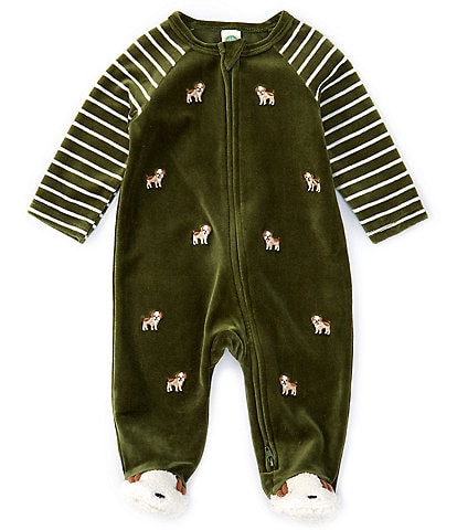 Little Me Baby Boys 3-9 Months Raglan Sleeve Puppy-Pattern Velour Footed Coverall