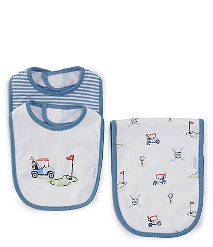 Little Me Baby Boys Golf Cart-Applique Bib, Striped Bib & Golf-Themed Burp Cloth Set