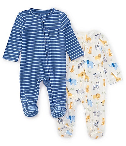 Little Me Baby Boys Newborn-9 Months Jungle-Printed & Striped Footed Coveralls 2-Pack