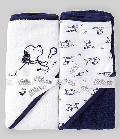 Little Me Baby Boys Puppy Embroidered Motif/Puppy Toile Printed Hooded Towel 2-Pack
