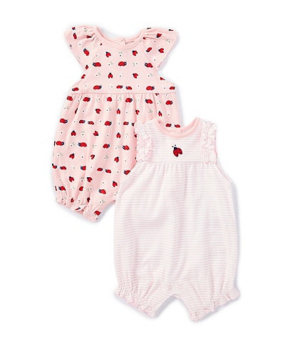 Little Me Baby Girls 3-12 Months Allover-Ladybug-Printed Romper & Sleeveless Stripe-Pattern Romper Two-Pack