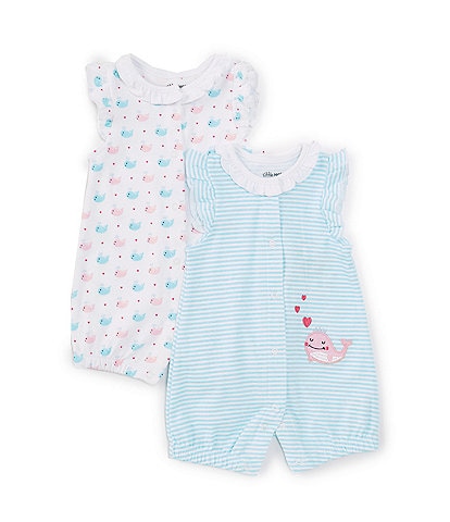 Little Me Baby Girls 3-12 Months Flutter-Sleeve Allover-Whale-Printed Romper & Striped Whale-Motif Romper Two-Pack