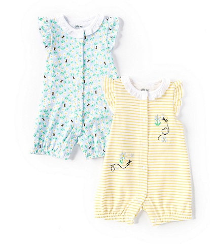 Little Me Baby Girls 3-12 Months Flutter-Sleeve Bee/Blossom-Printed/Striped Romper 2-Pack