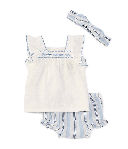 Little Me Baby Girls 3-12 Months Flutter-Sleeve Embroidered Gauze Tunic Top & Striped Gauze Bloomer Set