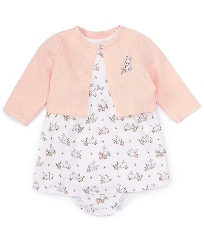 Little Me Baby Girls 3-12 Months Long Sleeve Bunny Motif Cardigan & Short Sleeve Bunny Printed Fit & Flare Dress Set