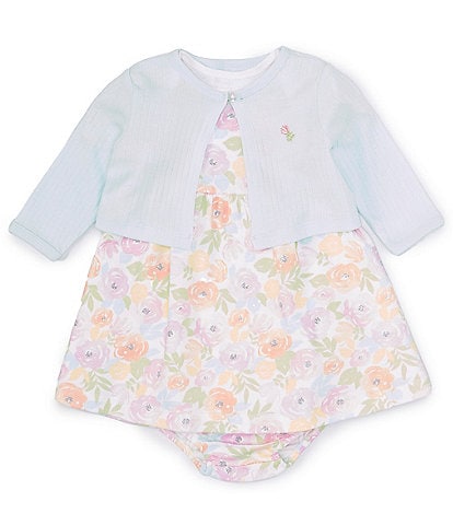 Little Me Baby Girls 3-12 Months Long Sleeve Flower Motif Cardigan & Short Sleeve Flower Printed Fit & Flare Dress Set