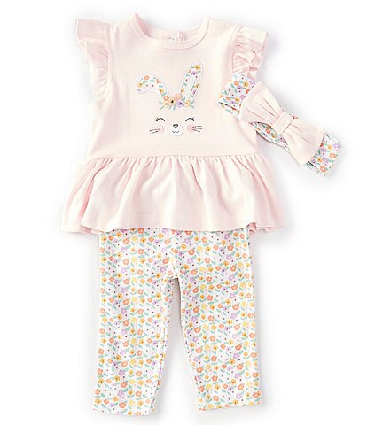 Little Me Baby Girls 3-12 Months Short-Sleeve Solid Bunny Bodysuit & Floral-Printed Leggings Two Piece Set