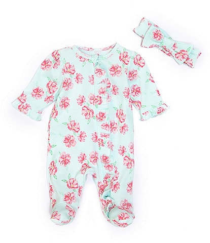 Little Me Baby Girls Preemie-9 Months Long-Sleeve Rose Blooms Print Footed Coverall & Bow Headband