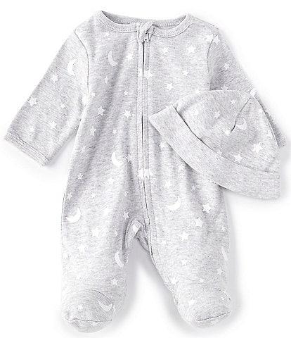 Little Me Baby Preemie-9 Months Long-Sleeve Moon Stars Footed Coverall & Hat Set