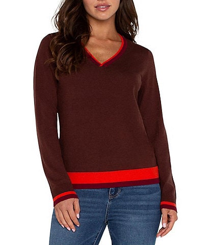 Liverpool Los Angeles Color Block V-Neck Long Sleeve Sweater