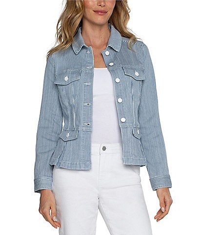 Liverpool Los Angeles Chambray Stripe Point Collar Long Sleeve Button-Front Peplum Jacket