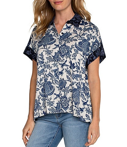 Liverpool Los Angeles Collared Short Sleeve High-Low Hem Button Front Blouse