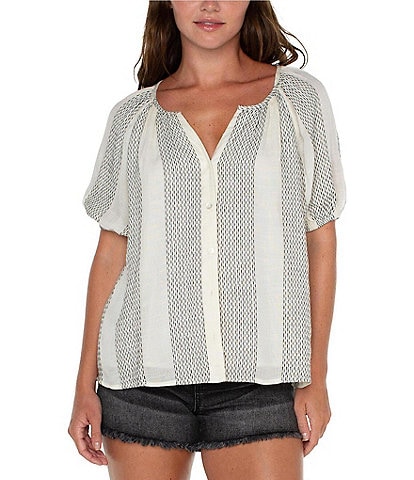 Liverpool Los Angeles Cotton Voile Stripe Print V Neck Short Puff Sleeve Button Front Top