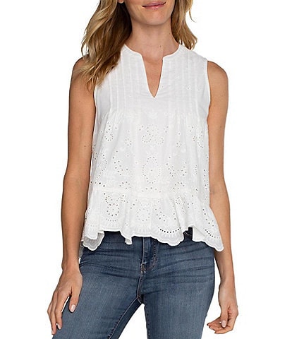Liverpool Los Angeles Embroidered Eyelet Split Round Neck Sleeveless Top