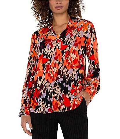 Liverpool Los Angeles Floral Collar Long Sleeve Button Down Blouse