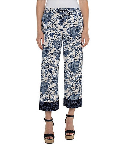 Liverpool Los Angeles Floral Print Elastic Tie Waist Pull-On Cropped Wide Leg Pant