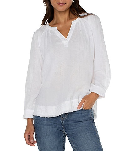 Liverpool Los Angeles Gauze Split V-Neck Long Sleeve Frayed Hem Top