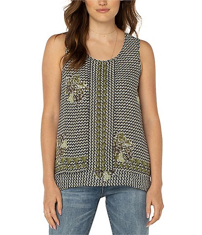 Liverpool Los Angeles Geometric Floral Woven Shell Scoop Neck Sleeveless Double Layer Blouse