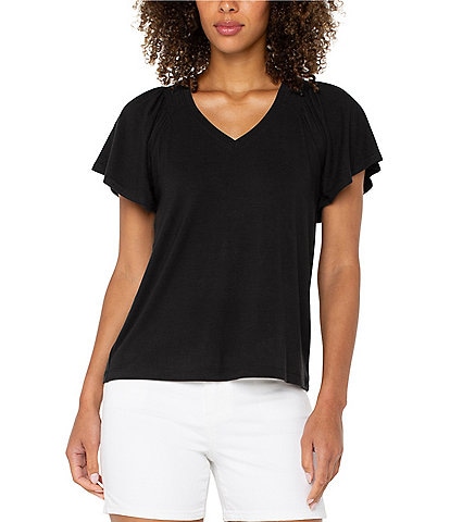 Liverpool Los Angeles Jersey Knit V-Neck Short Flutter Sleeve Shirred Top