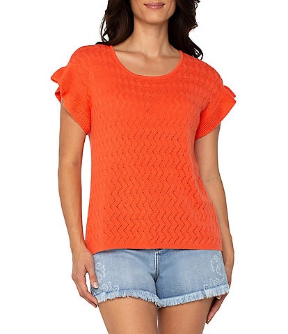 Liverpool Los Angeles Knit Geo Pointelle Short Flutter Sleeve Sweater
