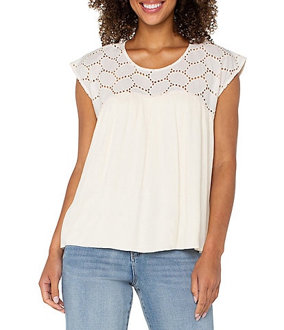 Liverpool Los Angeles Mixed-Media Oval Eyelet Scoop Neck Cap Sleeve Blouse