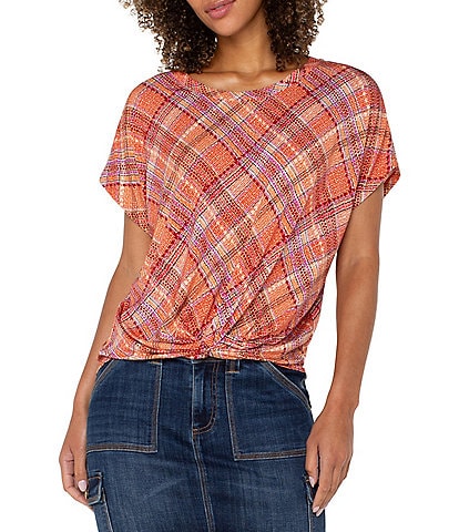 Liverpool Los Angeles Multi Plaid Crew Neck Short Sleeve Front Twist Top