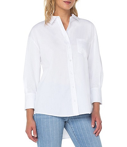 Liverpool Los Angeles Petite Size 3/4 Sleeve Oversized Button Down Point Collar High-Low Hem Shirt