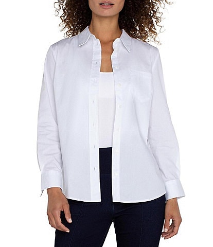 Liverpool Los Angeles Petite Size Cotton Poplin Collared Long Sleeve Button-Front Shirt