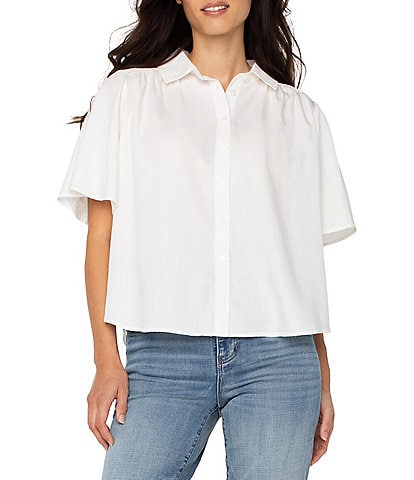 Liverpool Los Angeles Petite Size Garment Dyeable Tencel Point Collar Short Sleeve Button Front Blouse