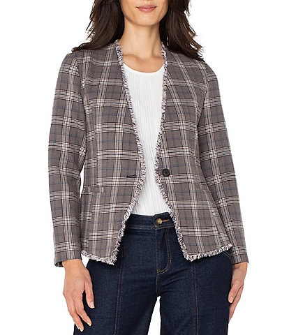 Liverpool Los Angeles Petite Size Jacquard Knit Glen Checked Long Sleeve One-Button Front Fitted Blazer