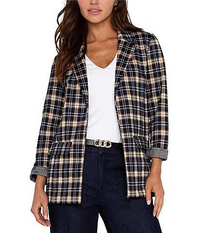 Liverpool Los Angeles Petite Size Jacquard Knit Tartan Plaid Notch Lapel Long Sleeve Open-Front Boyfriend Blazer