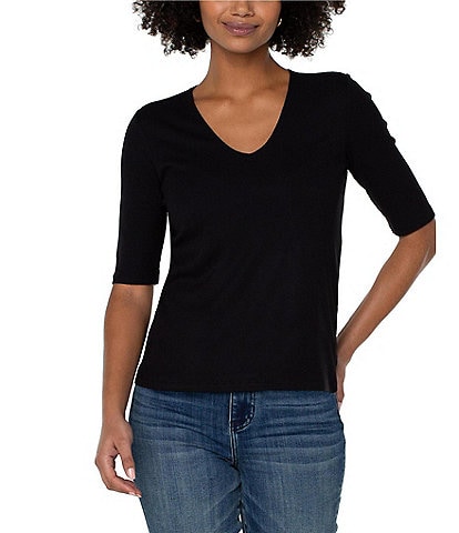 Liverpool Los Angeles Petite Size Knit Ribbed V-Neck Elbow Sleeve Top