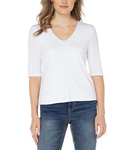 Liverpool Los Angeles Petite Size Knit Ribbed V-Neck Elbow Sleeve Top