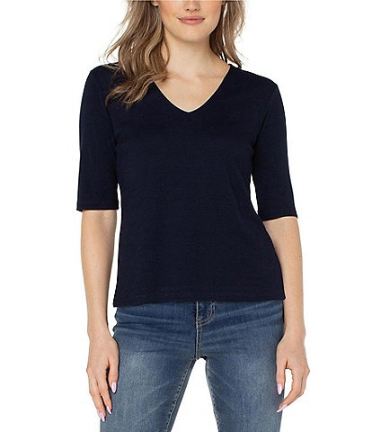 Liverpool Los Angeles Petite Size Knit Ribbed V-Neck Elbow Sleeve Top